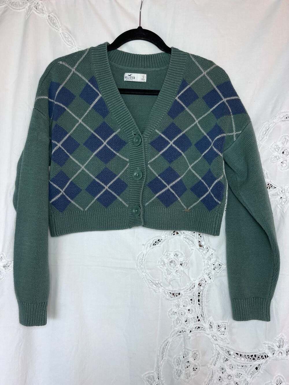 Hollister Women's Argyle Cropped Cardigan Sweater Green Size S